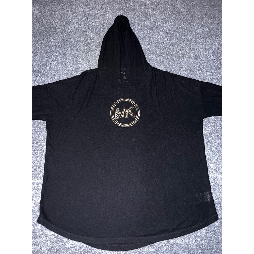 Michael Kors Womens XL Black Studded MK Logo Hoodie Long Sleeve Top - Picture 2 of 8